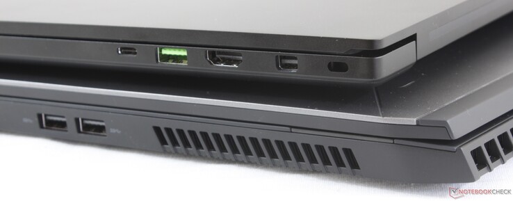 Höger: Thunderbolt 3, USB 3.2 Typ A, HDMI 2.0, MiniDisplayPort 1.4, Kensington-lås