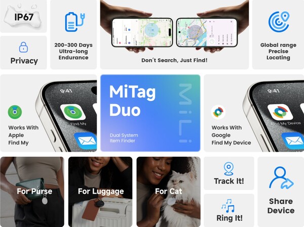 MiTag Duo är en av få Bluetooth-trackers som är kompatibel med både Apple Find My och Google Find My Device-nätverken. (Bildkälla: MiLi)