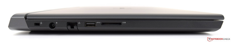 Vänster: Noble-Lås, nätanslutning, Gigabit Ethernet, USB 3.1, SD-kortläsare
