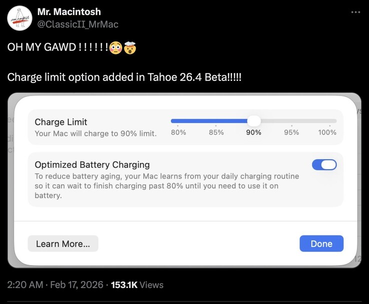 macOS 26.4 Tahoe verkar ha lagt till stöd för laddningsgränser.