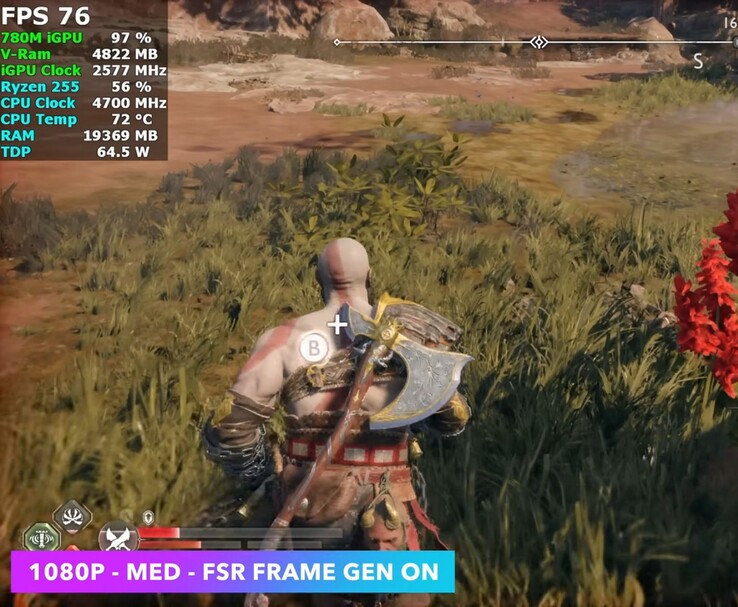 God of War Ragnarök körs på 1080p medium med FSR Frame Generation på Minisforum X1 Lite med Radeon 780M iGPU (Bildkälla: ETA Prime via YouTube)