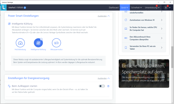 Den förinstallerade Lenovo Vantage-programvaran gör det också möjligt att välja en energiprofil.