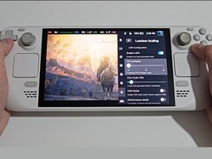 En framåtvänd vy av Steam Deck med Elden Ring igång på vänster sida av skärmen och Lossless Scaling-plugin-inställningarna synliga till höger, inklusive FPS Multiplier, Flow Scale och Performance Mode-reglage. (Bildkälla: Deck Wizard/YouTube)