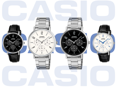 Från vänster till höger, på bilden: Casio MTP-VT06L-1B, MTP-VT06D-7B, MTP-VT06D-1B och MTP-VT06L-7B.