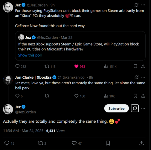 Jez Corden X inlägg om att Sony blockerar PC-portar (Bildkälla: skärmdump, Jez Corden X-konto)