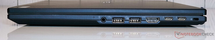 Höger: 3,5 mm kombiljuduttag, 2x USB 3.2 Gen2 typ A, HDMI 2.1-utgång, 2x Thunderbolt 4 (med DisplayPort och Power Delivery), Kensington Nano-plats