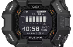 Casio G-Shock Mudman GDG-B100-klocka med röd och vit digital display mot ett kargt bergslandskap.