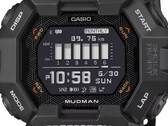 Casio G-Shock Mudman GDG-B100-klocka med röd och vit digital display mot ett kargt bergslandskap.