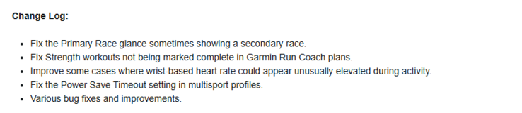 Ändringsloggen för Public Beta Version 25.02 för äldre Garmin Forerunner smartklockor. (Bildkälla: Garmin)
