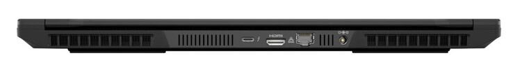 Baksidan: Thunderbolt 4 (USB-C; Power Delivery 1.4, G-Sync), HDMI 2.1, Gigabit Ethernet (2,5 gigabit), strömförsörjning