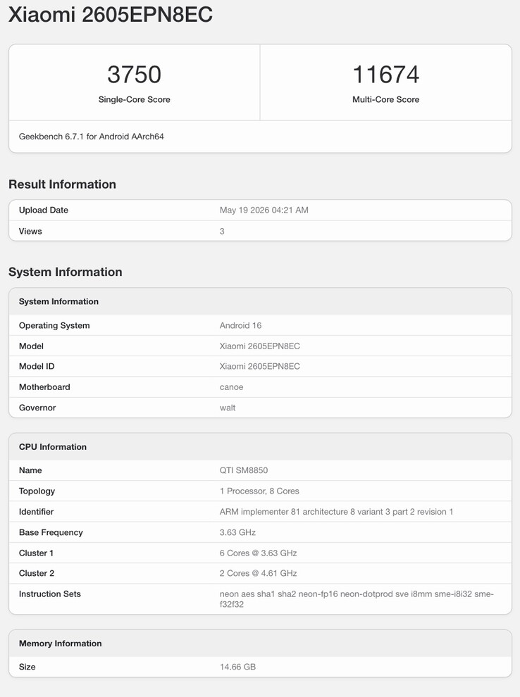 Geekbench-listning av den påstådda Xiaomi 17 Max.