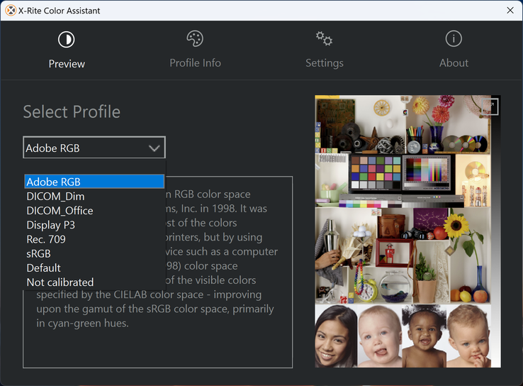 Välj bland förinställda färgprofiler med hjälp av programvaran X-Rite Color Assistant. Vissa profiler kan vara bättre kalibrerade än andra