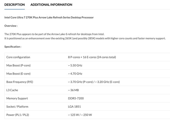 Listade specifikationer för Intel Core Ultra 7 270K Plus stationär CPU. (Bildkälla: PrimeABGB)
