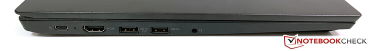 Vänster: USB-C 3.1 Gen.2 (med alternativt DisplayPort-läge), HDMI 1.4b, 2x USB 3.0 Gen.1 (1x med strömförsörjning), 3.5 mm ljud