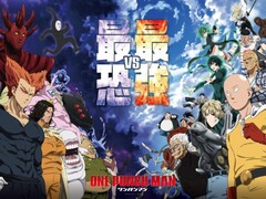 Reklamaffisch för animen One Punch Man, med Saitama, Genos och andra hjältar på höger sida som möter mäktiga skurkar och monster på vänster sida, med en dramatisk himmel som bakgrund. (Bildkälla: One Punch Man)