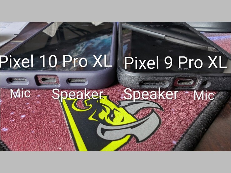 Jämförelse mellan Pixel 10 Pro XL och Pixel 9 Pro XL högtalar- och mikrofonplacering. (Bildkälla: Artem Russakovskii på X)