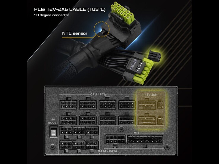 Den nya 12V-2x6-kabeln med en NTC-sensor och gröna stift. (Bildkälla: ASRock)