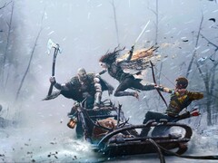 Konstnärlig rendering av Kratos och Atreus som slåss mot Freya från God of War Ragnarok.