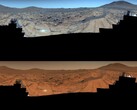 Bild tagen av rovern Perseverance. Den övre bilden är förbättrad medan den nedre bilden har originalfärgerna (Bildkälla: NASA, JPL-Caltech, ASU och MSSS; redigerad)