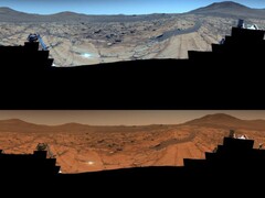 Bild tagen av rovern Perseverance. Den övre bilden är förbättrad medan den nedre bilden har originalfärgerna (Bildkälla: NASA, JPL-Caltech, ASU och MSSS; redigerad)