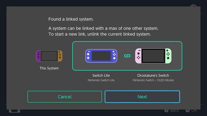 Nintendo Switch-skärm som visar en varning om att ett system kan länkas till högst ett annat system för delning av virtuella spelkort, vilket kräver att användaren kopplar bort det aktuella länkade systemet för att starta en ny länk.