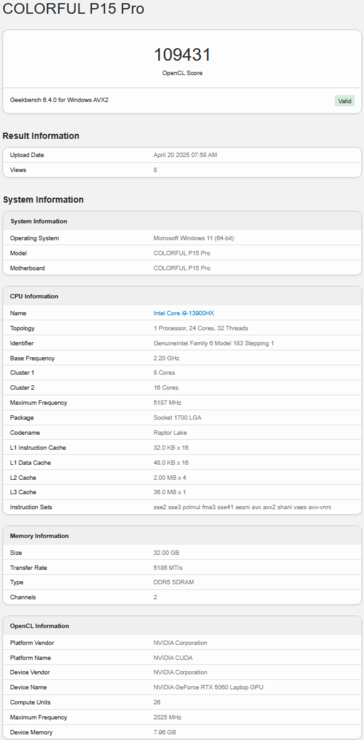 RTX 5060 bärbar dator Geekbench OpenCL-poäng (bildkälla: Geekbench)