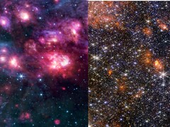 Ett collage av MIRI- och NIRCam-bilderna av Sagittarius B2 (Bildkälla: flera - se källor; redigerad)