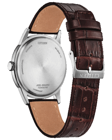 Baksidan av Citizen Rolan AW2110-14Z med boettbotten i rostfritt stål och ett brunt läderarmband med spänne med märkets logotyp.