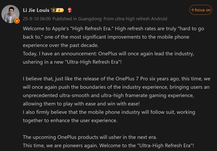 Li Jies inlägg om den kommande OnePlus-telefonen (Bildkälla: Weibo - maskinöversatt)