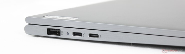 Vänster: USB-A 3.2 Gen 1 (5 Gbit/s, alltid påslagen), 2x USB-C 4.0 med Thunderbolt 4 (40 Gbit/s, DisplayPort 2.1, Power Delivery 3.0)