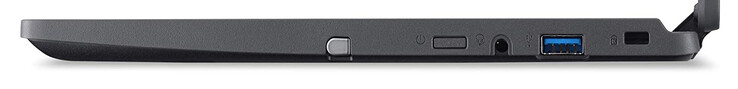 Höger sida: inmatningspenna, strömknapp, ljudkombinationsport, USB 3.2 Gen 1 (typ A), kabelspärrplats