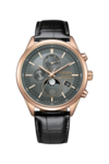 Citizen BY1033-01H Eco-Drive-klocka med månfasvisning, med en mörkgrå urtavla, rostfritt stålboett i roséguldton, svart läderarmband, analog månfasvisning, två hjälpurtavlor och datumfönster.