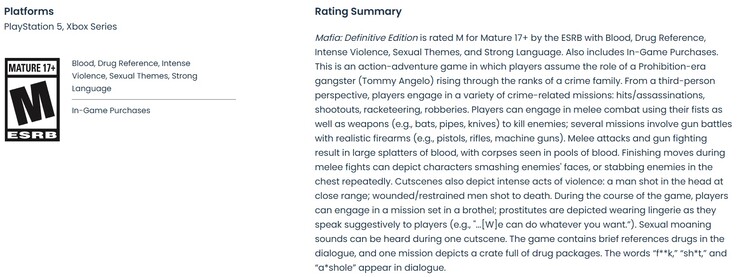ESRB-klassificering för Mafia Definitive Edition i versionen för PS5 och Xbox Series X | S.