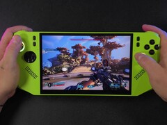 Borderlands 4-spel som körs på MSI Claw 8 AI-handdatorn som drivs av AMD Ryzen Z2 Extreme, visar förstapersonsvy med ett gevär riktat mot en utomhusmiljö (Bildkälla: ETA PRIME via YouTube)