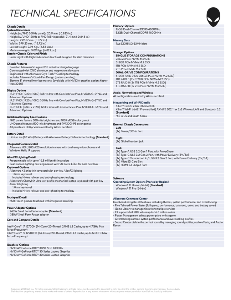 Specifikationer för Alienware x17 R2 (källa: Dell)