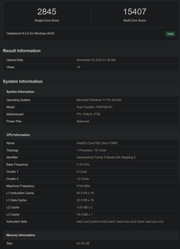 Intel Core Ultra 9 368H Geekbench-lista (bildkälla: Geekbench)
