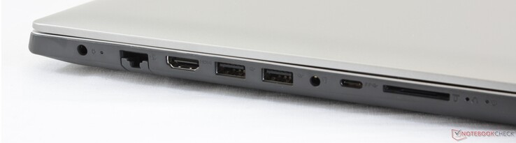 Vänster: AC-adapter, Gigabit RJ-45, 2x USB 3.0, 3.5 mm kombinerad ljudanslutning, USB Typ C Gen. 1, SD-kortläsare