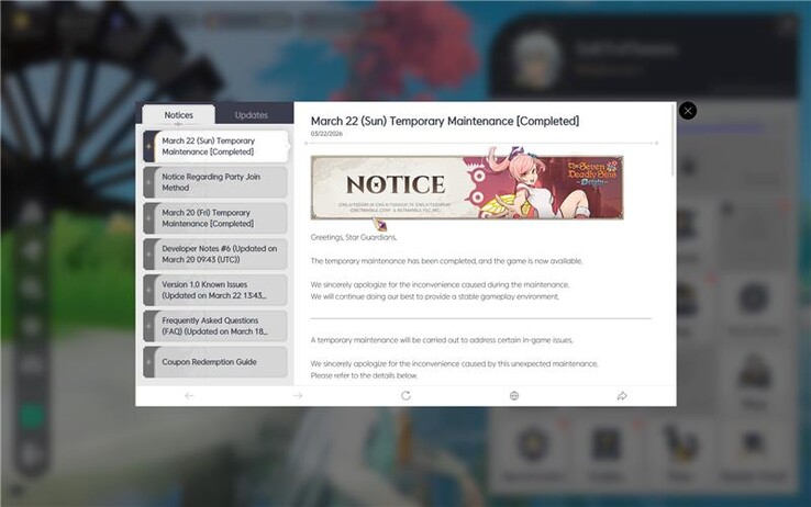 22 mars - meddelande i spelet som bekräftar en ljudfix och andra buggfixar i The Seven Deadly Sins: Origin.