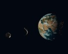 En konstnärsillustration som visar två asteroider nära jorden.