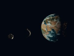 En konstnärsillustration som visar två asteroider nära jorden.