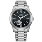 Citizen NH9150-52E automatisk klocka med svart urtavla, öppen urverk, boett i rostfritt stål och borstat armband med tre länkar.