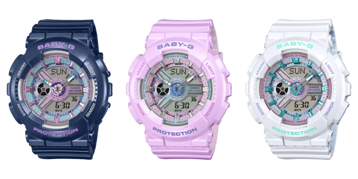 Från vänster till höger: klockorna Casio G-Shock Baby-G BA-110MC-2A, BA-110MC-6A och BA-110MC-7A