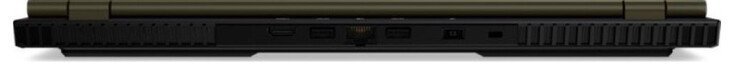 Baksidan: HDMI, USB 3.2 Gen 2 (Typ A), Gigabit Ethernet, USB 3.2 Gen 2 (Typ A), Nätadapter, Kensington-lås