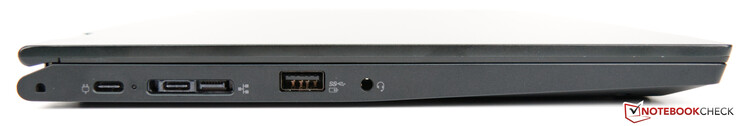 Vänster: 2x USB-3.1 Gen1 Typ C, RJ45-anslutning genom ThinkPad Ethernet Extension Adapter (Tillval), USB-3.1 Typ A, Kombinerad ljudanslutning