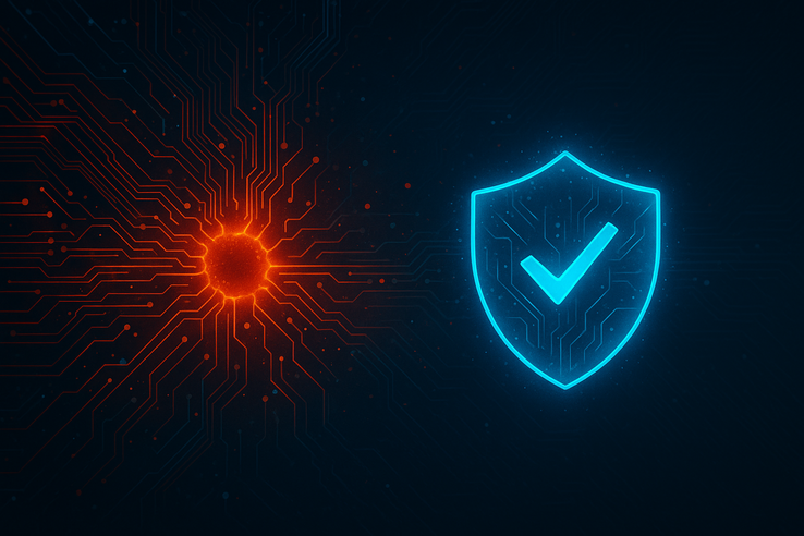Cybersäkerhetssköld som försvarar mot digitala hot (Bildkälla: AI-genererad konceptkonst)