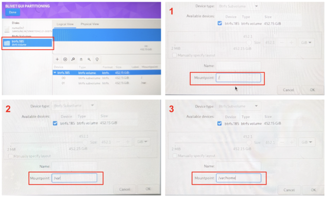Precis som tidigare skapar du ytterligare 3 btrfs-undervolymer - återigen, se till att du får detta exakt rätt. (Bildkälla: Notebookcheck)