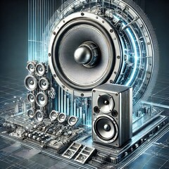 Futuristisk illustration som kombinerar traditionella högtalare och riktade akustiska energisystem (Bildkälla: OpenAI/DALL-E)