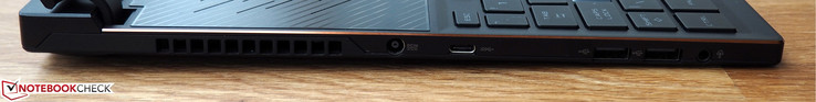 Vänster sida: nät, USB-C 3.0, 2x USB-A 2.0, 3.5 mm kombinerat ljud