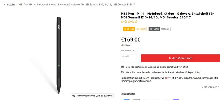 MSI Pen 1P 14 kostar hela 169 euro extra (skärmdump från MSI:s webbplats)