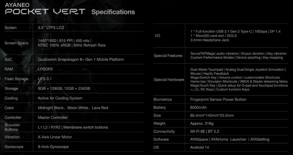 Ayaneo Pocket Vert kommer att drivas av Snapdragon 8+ Gen 1. (Bildkälla: Ayaneo)